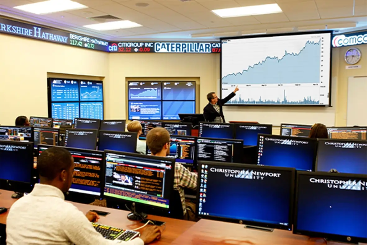 Finance Lab at Christopher Newport University, featuring a custom LED stock ticker by Rise Display.