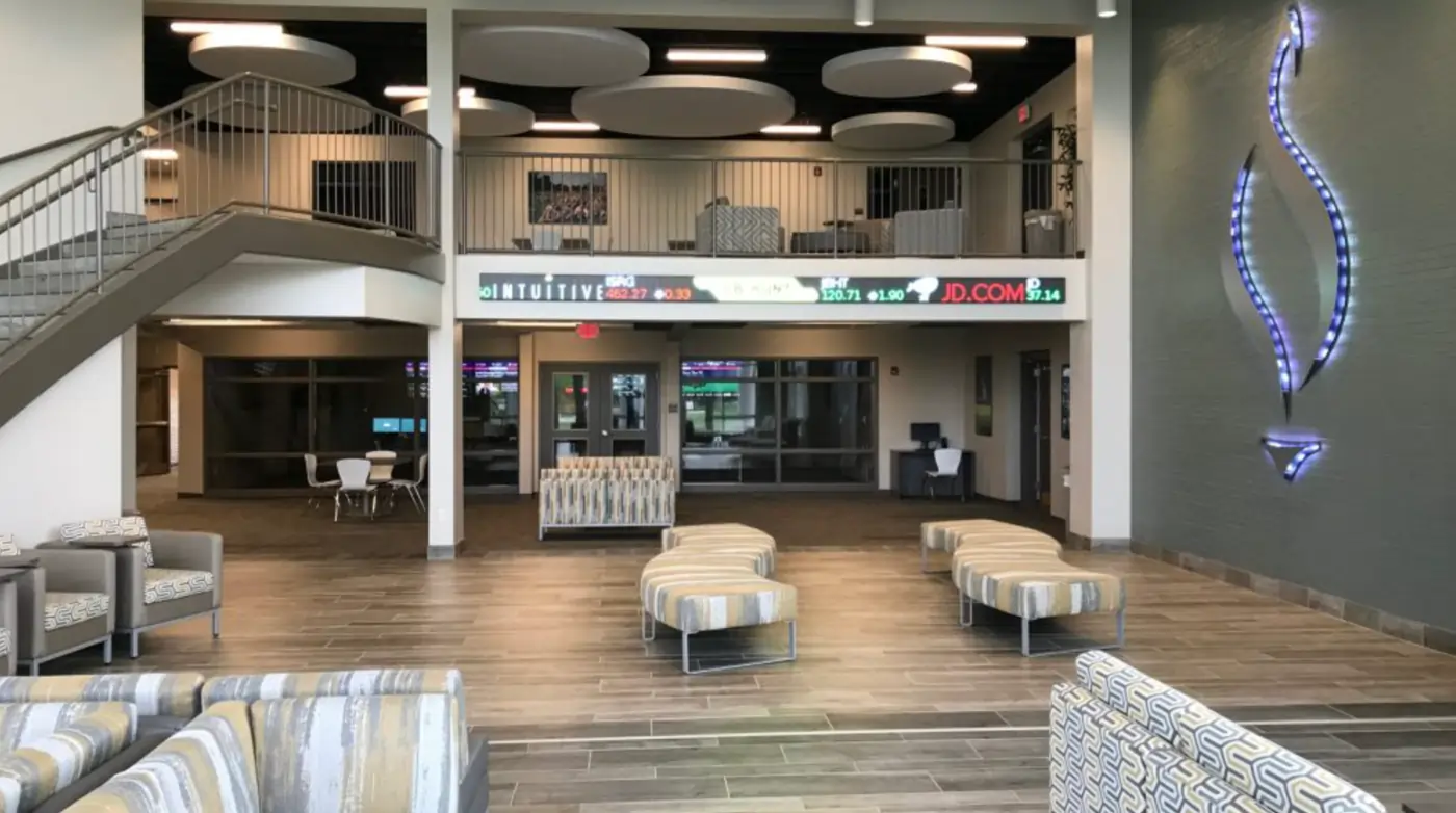 lobby stock ticker display at Lee University, 2025 July