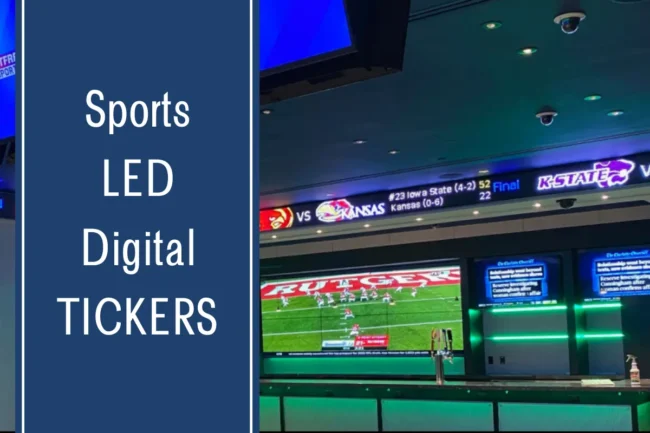 A Rise Display sports ticker installation above a sports bar serving area.